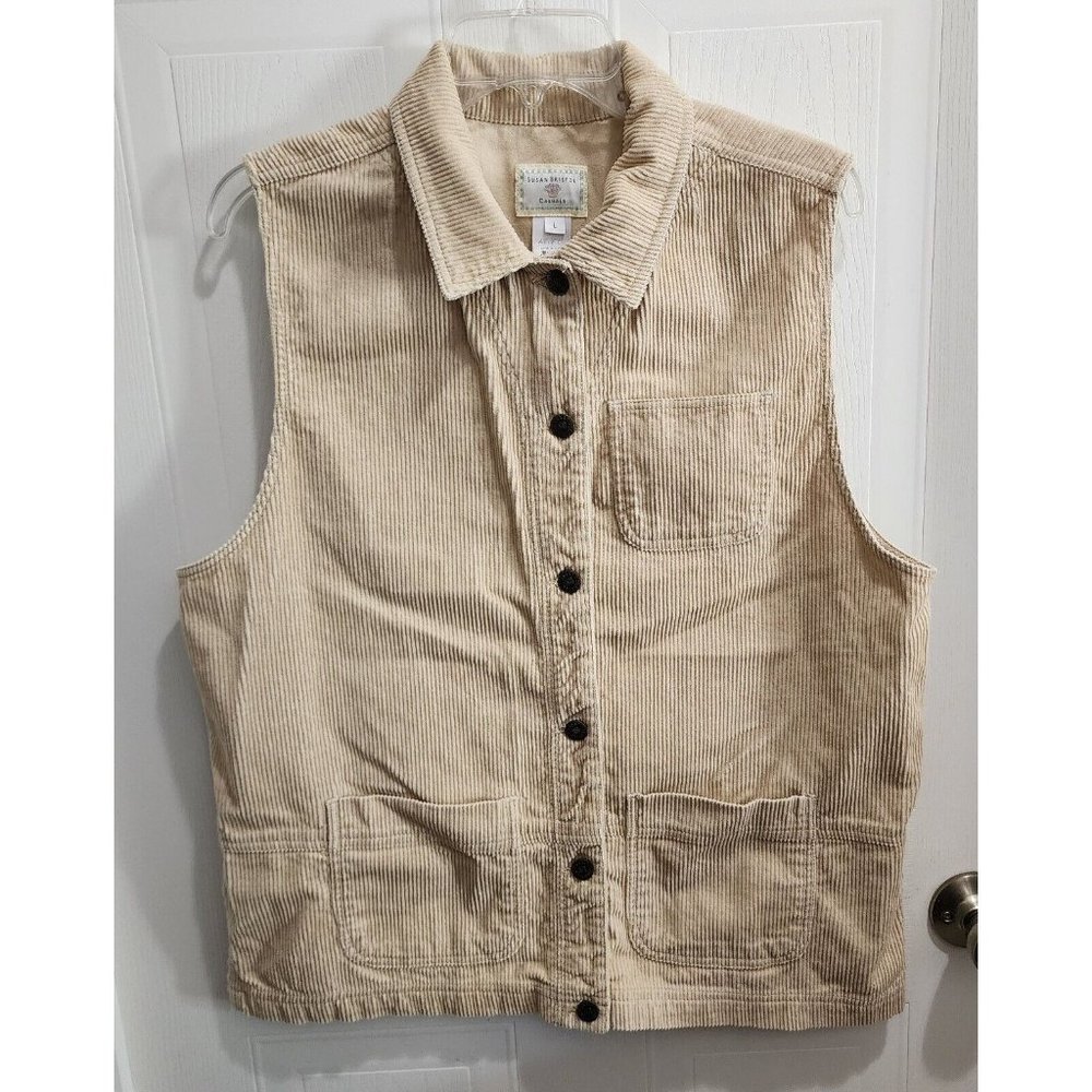 Susan Bristol Women’s Corduroy Sleeveless Button Up Collared Vest Khaki Tan Sz L